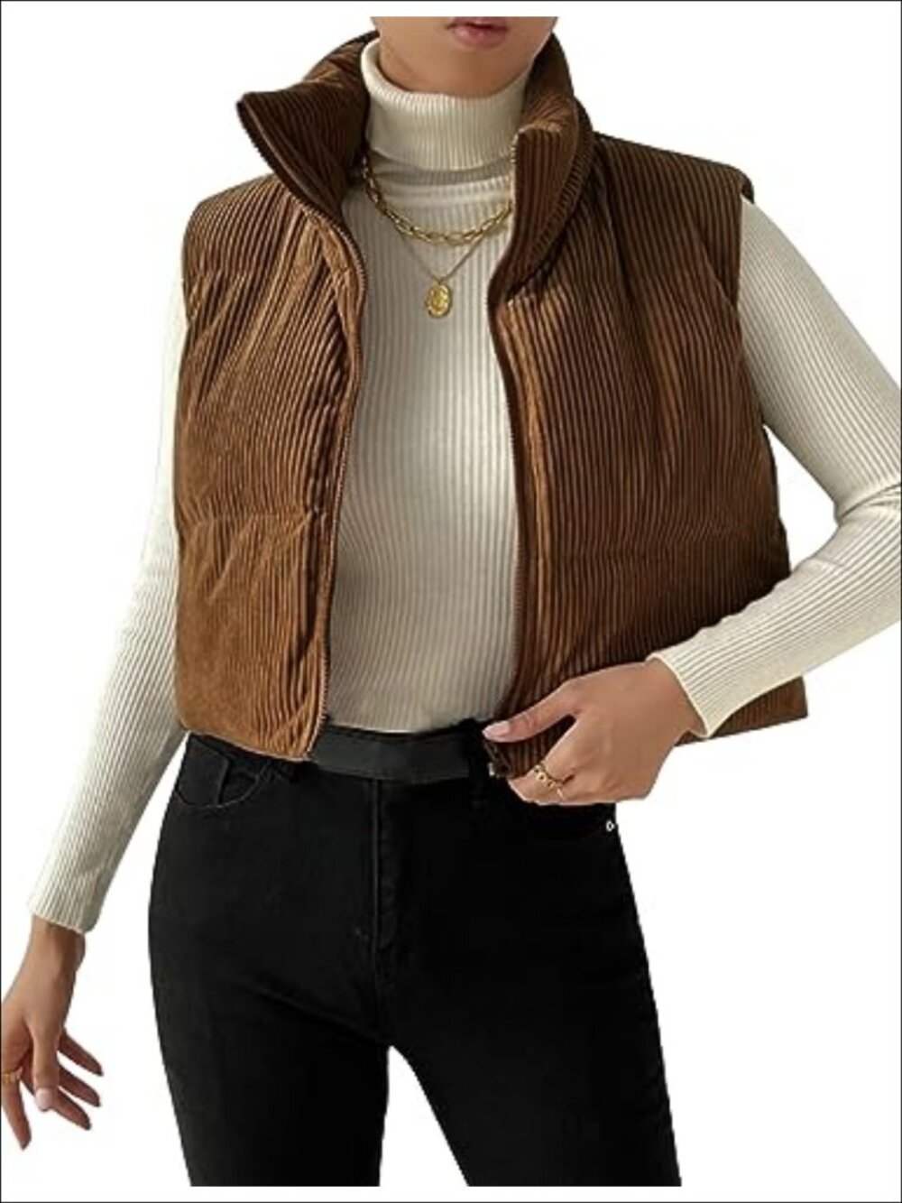 Women's Cropped Corduroy Puffer Vest Zip Up Sleeveless Winter Outerwear